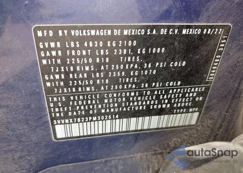 2023 Volkswagen Taos 1.5T Se z USA, uszkodzony, nr VIN 3VVNX7B23PM302514